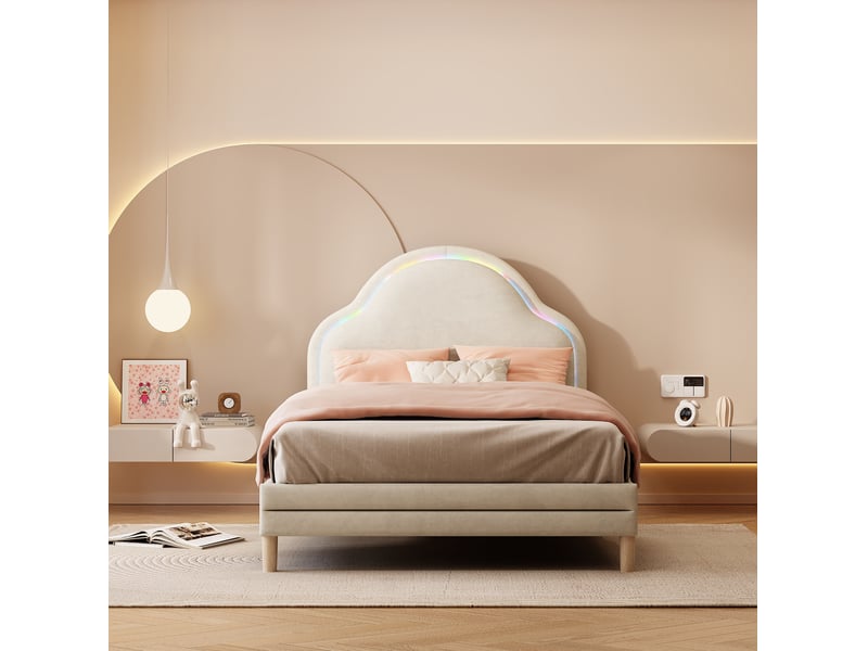  Lit enfant 90x200 cm en velours beige avec tête de lit nuage et led multicolores  - Conforama D