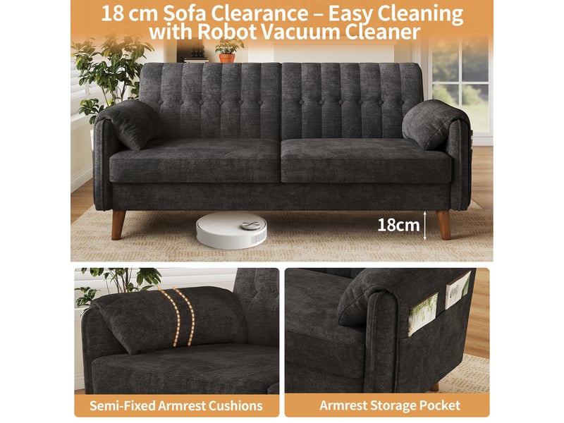  Canapé 2 places en chenille gris foncé, canapé droit moderne avec coussins d'accoudoirs, assise épaisse pour salon &amp; petits espaces  - Conforama D