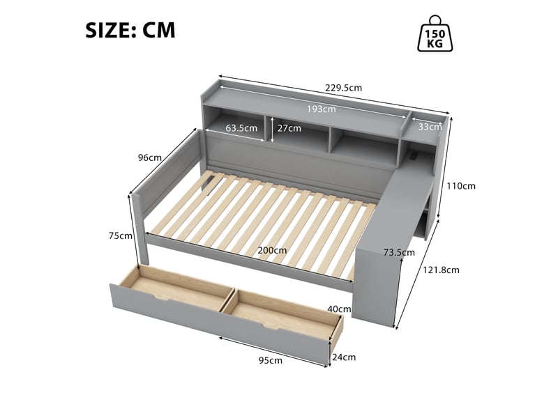  Lit banquette 90x200 gris avec bureau intégré, 2 tiroirs, port usb et prises - structure bois mdf  - Conforama C