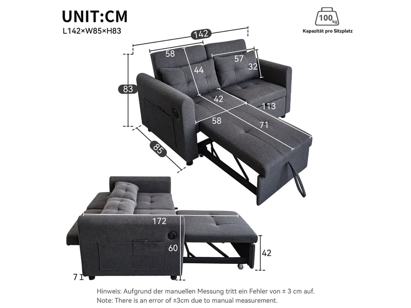  Canapé droit convertible 2 places gris en tissu avec usb, poches latérales et dossier réglable, gain de place  - Conforama C