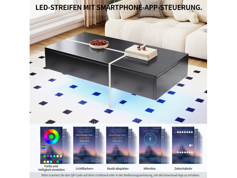  Table basse avec 3 tiroirs, led contrôlée par application, finition brillante, pour salon, 100 × 50 × 34,5 cm  - Conforama E
