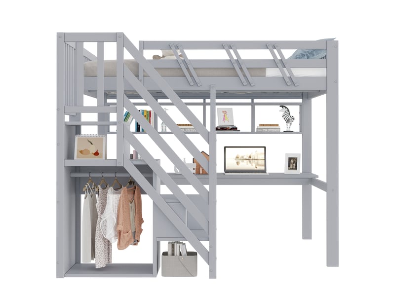  Lit massif 140*200, marche-coffre, table de travail, prises usb, éclairage led, coloris gris.  - Conforama A
