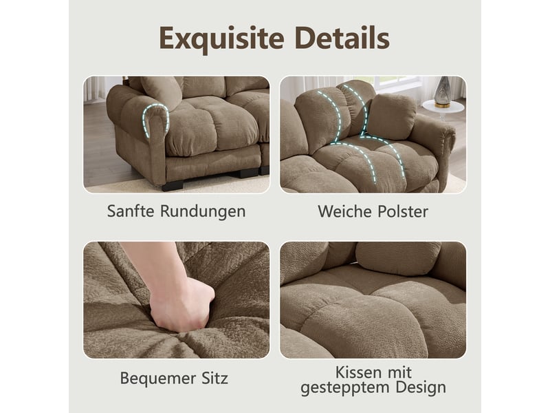 Canapé panoramique 3 places en forme u, revêtement en chenille couleur marron, avec ottomane mobile et tiroirs intégrés - Conforama E