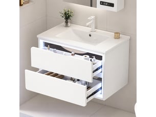 Meuble vasque suspendu blanc 76 cm avec lavabo intégré, 2 tiroirs et éclairage led