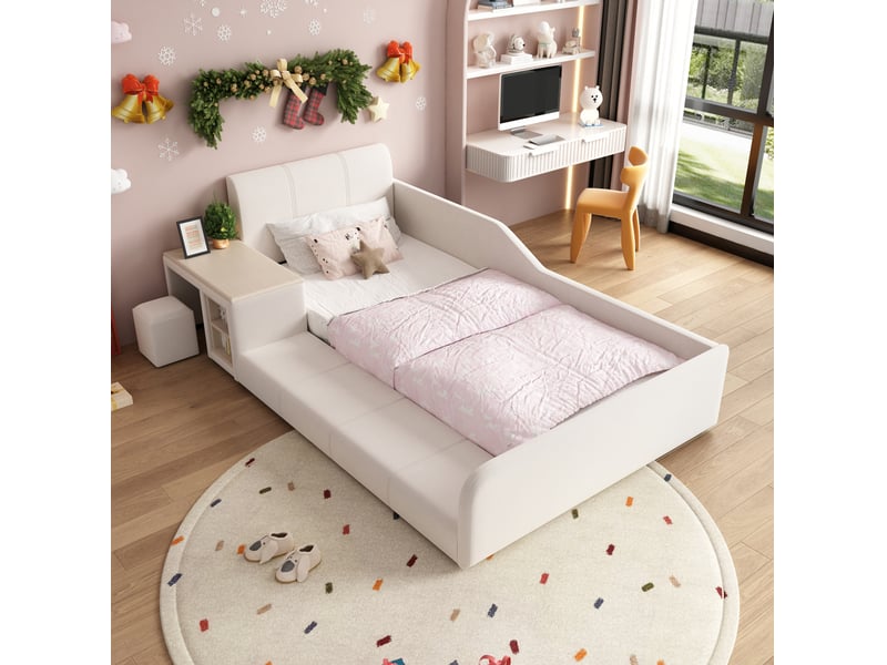 Lit enfant 90x200 cm, lit simple avec bureau intégré, tabouret et rangement, tête de lit en velours blanc, sans matelas  - Conforama E