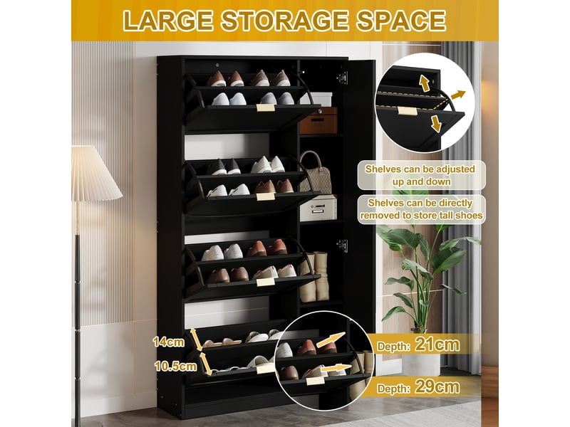  Meuble à chaussures avec 4 abattants et portes miroir - étagères réglables, rangement d’entrée, panneaux de particules noir  - Conforama E