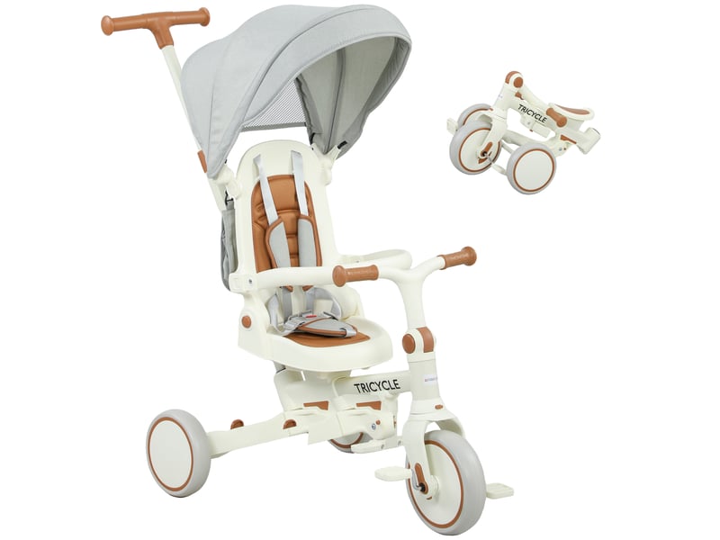  Tricycle bébé évolutif 5 en 1, tricycle enfant pliable avec poignée réglable, capote amovible, pour 1-3 ans, crème  - Conforama A