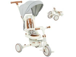 Tricycle bébé évolutif 5 en 1, tricycle enfant pliable avec poignée réglable, capote amovible, pour 1-3 ans, crème