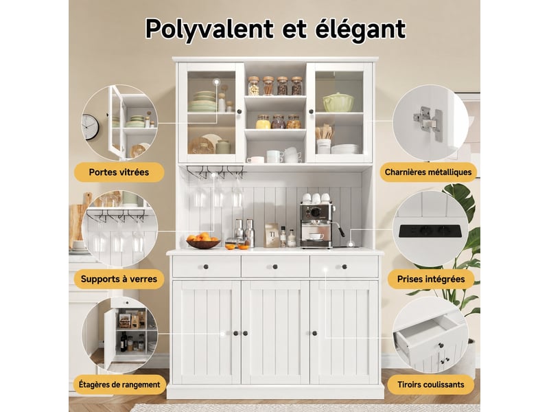  Meuble de cuisine muvano, buffet haut de salle à manger blanc avec prises usb, 120 × 40 × 191 cm  - Conforama E