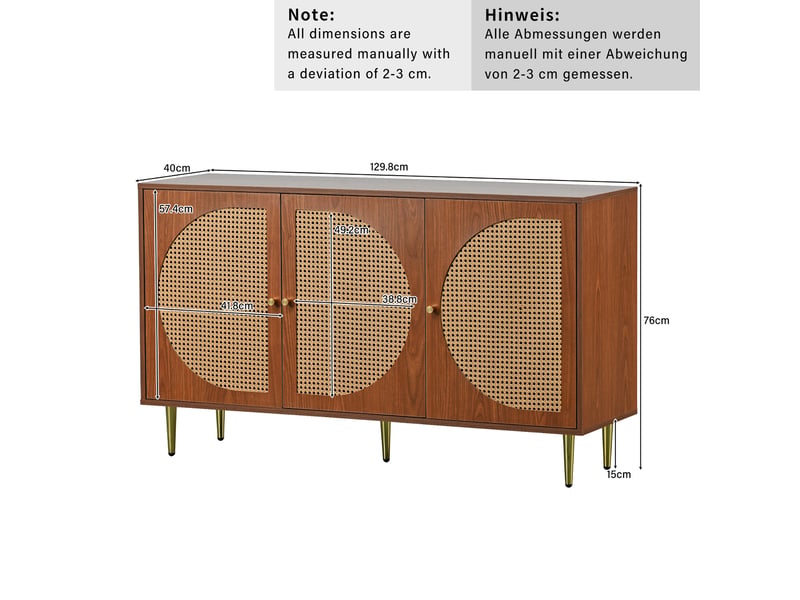  Buffet 3 portes rotin 129.8x40x76 cm meuble de rangement moderne noyer panneaux particules  - Conforama C