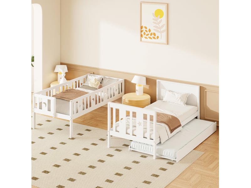 Lit superposé enfant 90x200 cm avec lit gigogne, escalier de rangement blanc - Conforama D