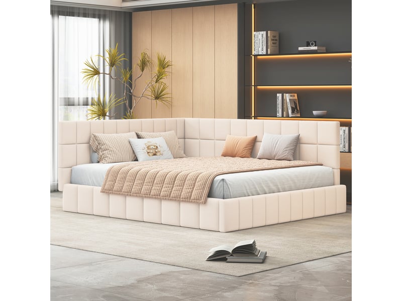 Lit banquette enfant rembourré 160 x 200 cm avec sommier à lattes, velours, beige Fay Lum - Conforama B