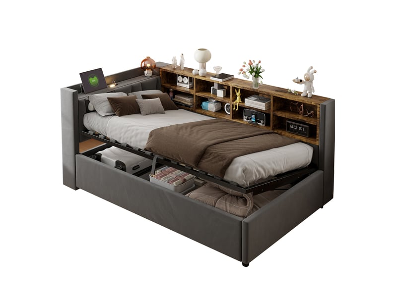  Lit coffre 90x200 cm en velours gris foncé avec éclairage et ports usb  - Conforama A