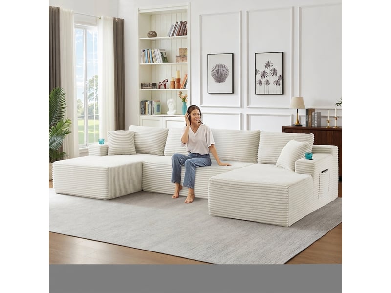  Canapé modulable en u 6 places en velours côtelé beige sans armature  - Conforama D