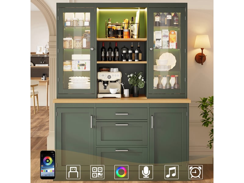  Armoire de cuisine verte 140cm avec led contrôlée par app, 3 tiroirs et plan de travail en bois  - Conforama C