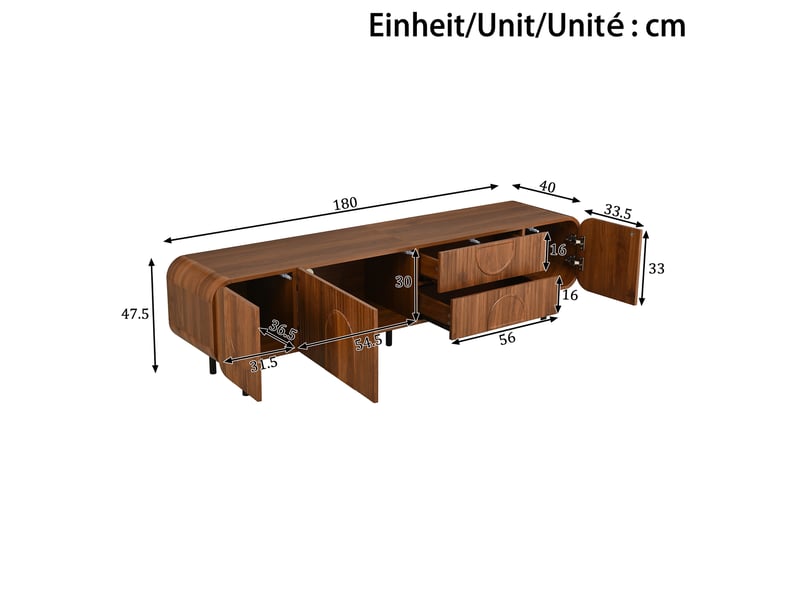  Meuble tv noyer 180 cm style mid-century 3 portes 2 tiroirs  - Conforama C