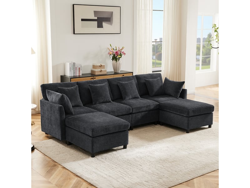 Canapé d’angle modulable 46 places en u ou l 278x161x81 cm avec 2 poufs amovibles, 6 coussins, canapé en tissu chenille - gris - Conforama E