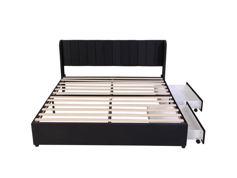  Lit velours noir 180x200 cm avec 2 tiroirs de rangement, cadre de lit double capitonné avec sommier à lattes, sans matelas  - Conforama E