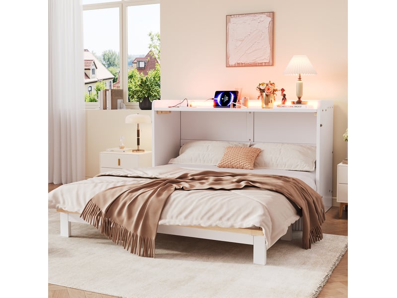  Lit escamotable 140 x 200 cm blanc avec tiroirs, led, usb et prise  - Conforama C