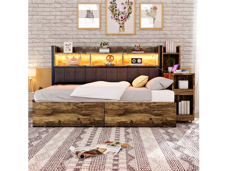  Lit multifonction 90 x 200 cm rangement 2 tiroirs bureau coulissant prises intégrées métal et bois naturel sans matelas  - Conforama B