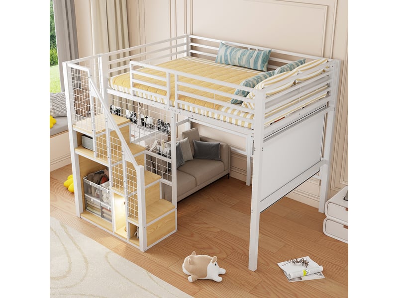  Lit mezzanine 140×200 cm avec escalier, rangement et barrière, métal blanc sans matelas  - Conforama C