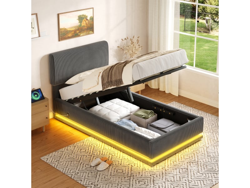  Lit capitonné gris 90x200 cm – led usb-c, tête réglable, cadre lattes solide, grand rangement, tissu côtelé gris  - Conforama B