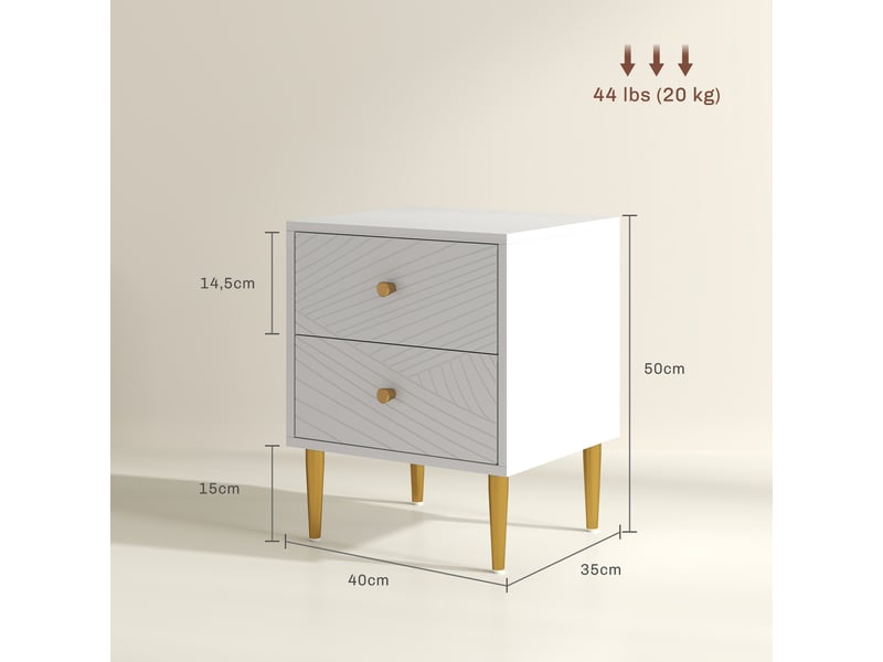  Table de chevet 40 x 35 x 50 cm 2 tiroirs rangement spacieux poignées ton or pieds acier moderne épuré en mdf blanc 21_0001626  - Conforama B