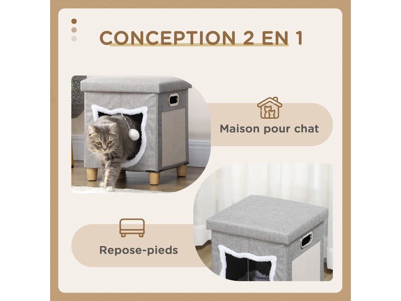  Niche d'intérieur 2 en 1 et repose-pieds avec coussin amovible gris 35,5x35,5x42,5 cm  - Conforama D