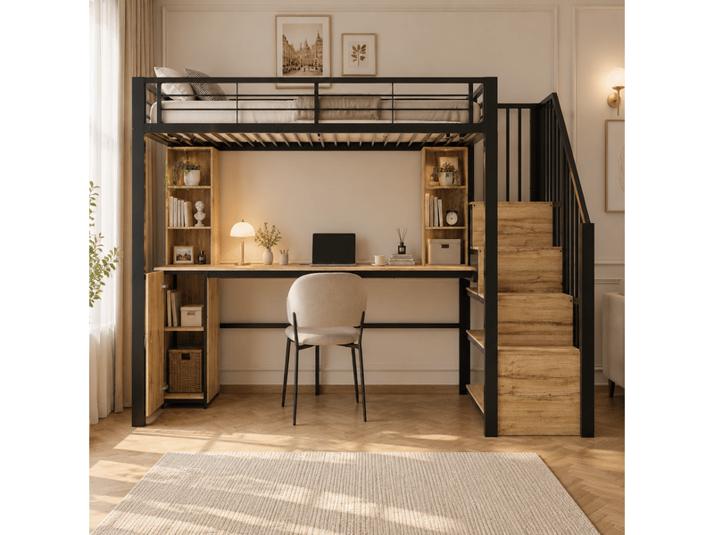  Lit mezzanine 90 × 200 cm noir, bureau usb, armoire et escalier avec rangement IKSETERA TRADING LTD - Conforama B