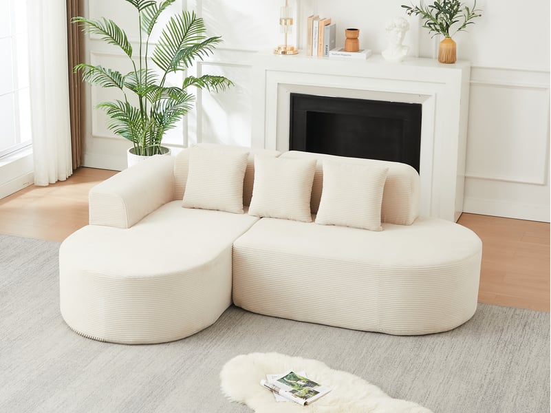  Canapé d’angle modulable 220 cm en velours côtelé – lignes arrondies et 3 coussins inclus, beige  - Conforama B
