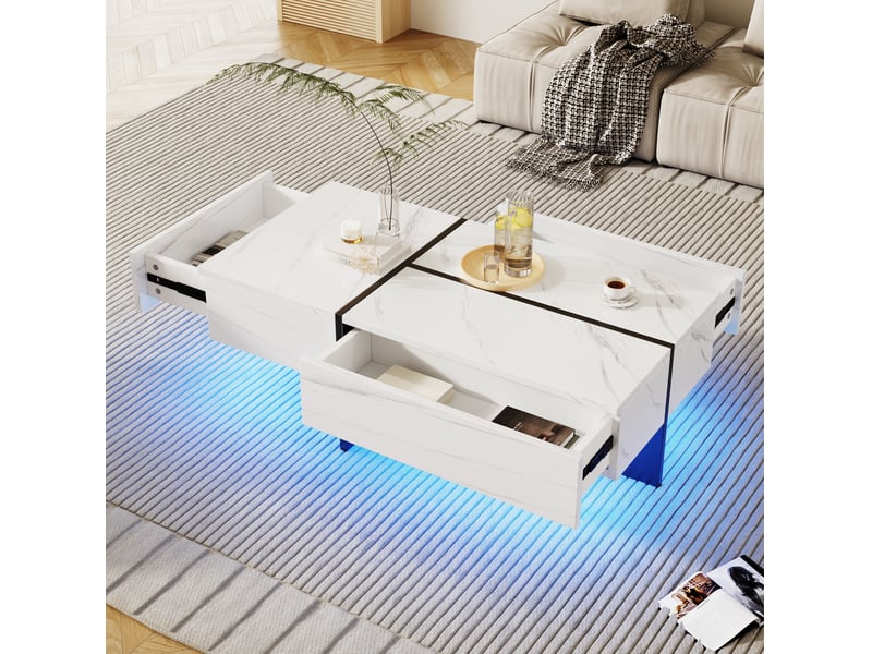 Table basse 100x50x34,5 cm avec 3 tiroirs et led, effet marbre blanc et noir - Conforama B
