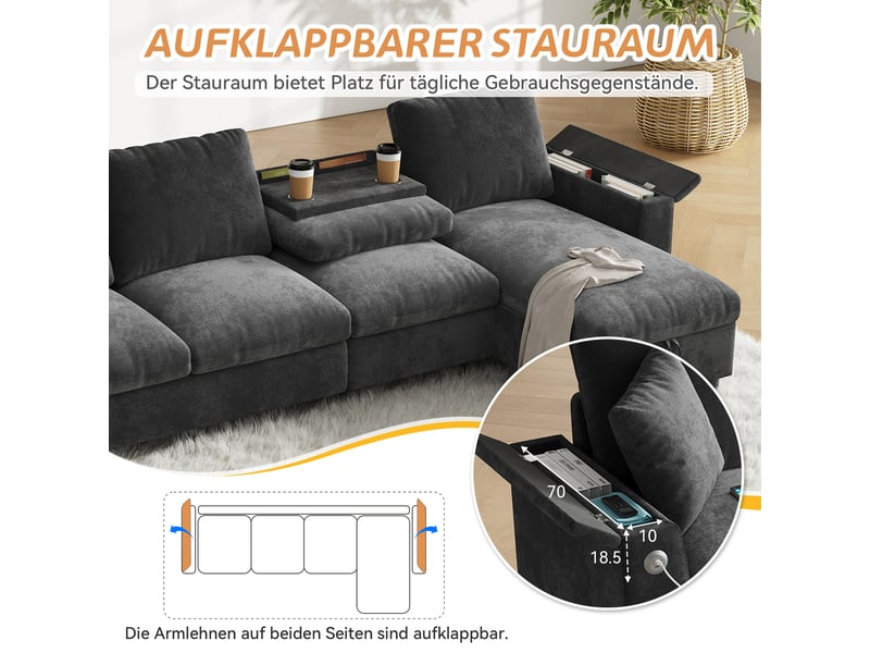  Canapé d'angle réversible, gris en tissu chenille canapé 4 places, avec rangement et table rabattable pour salon moderne, 280x137x84 cm  - Conforama D