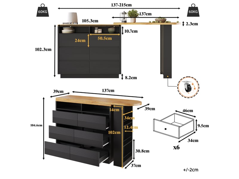 Meuble de cuisine muvano, table de bar extensible noire en mdf, longueur de 137 à 215 cm - Conforama W