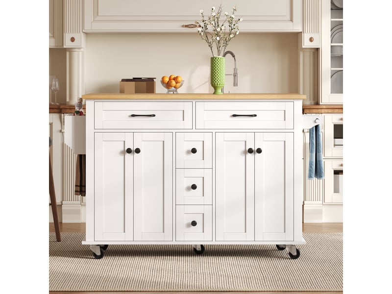  Desserte de cuisine,140x65x89 cm,5 tiroirs,mdf,blanc et naturel  - Conforama B