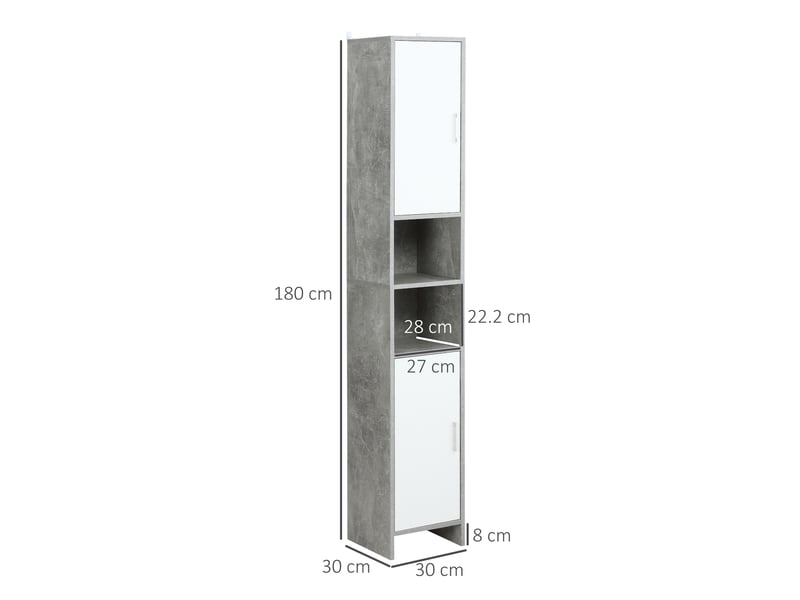  Meuble de salle de bains avec 2 placards et 2 compartiments ouverts, aspect bois (effet ciment), 30 x 30 x 180 cm  - Conforama E