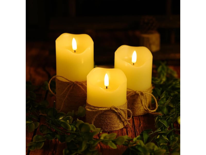  3 bougies pilier led sans flamme avec mèche 3d et corde de jute, effet vacillant, télécommande et minuterie, 101315 cm, oscillant + télécommande rechargeable  - Conforama E