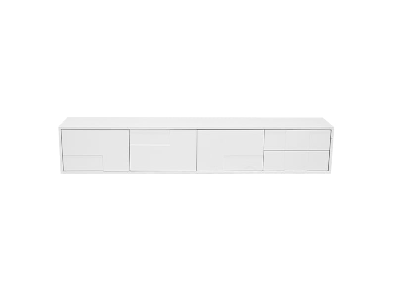  Meuble tv 170 cm blanc brillant – sans poignées, 3 portes et 2 tiroirs, grand rangement  - Conforama A