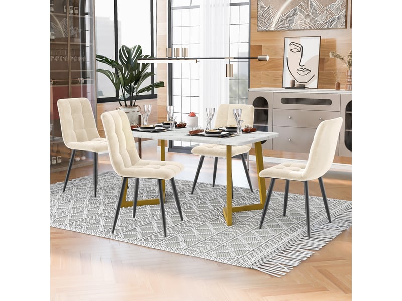  Table à manger rectangulaire avec 4 chaises, plateau effet marbre 117 cm, sièges en velours beige et pieds dorés  - Conforama C