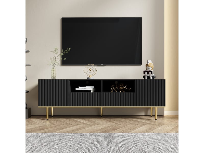  Meuble tv noir et or 165 cm moderne pour tv 60-69 pouces avec pieds dorés et 2 tiroirs  - Conforama D