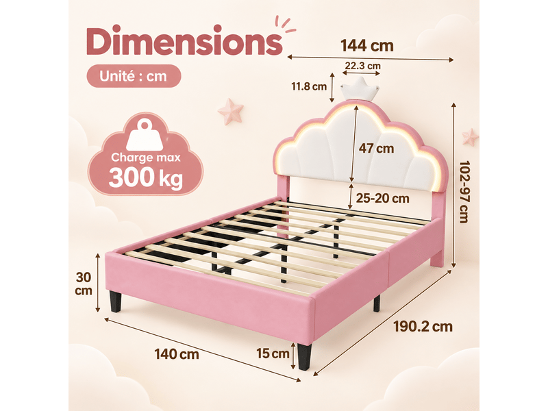 Lit double enfant 140x190 cm, lit capitonné avec sommiers à lattes et dossier, lit fille réglable en hauteur,velours,led,unique,rose lit fille 140x190 cm avec led - lit enfant avec dossier unique - tête de lit couronne réglable … - Conforama R