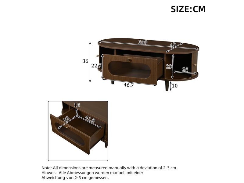  Table basse rectangulaire – décor noyer, 1 tiroir et 2 portes à rideau – 100 x 50 x 36 cm  - Conforama D