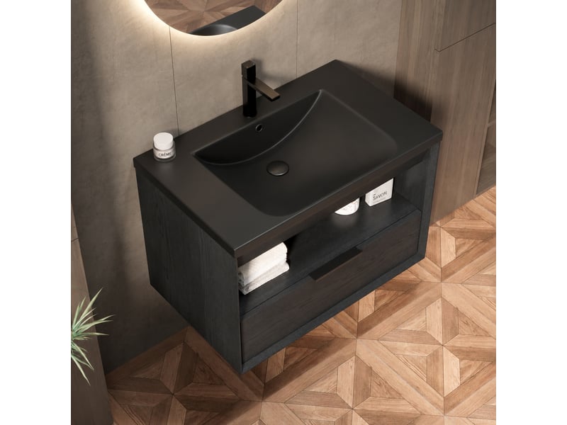  Meuble vasque suspendu 75 cm avec vasque intégrée en céramique noire mate, tiroir et étagère  - Conforama B