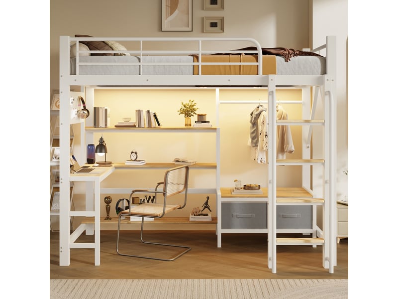 Lit mezzanine 90x200 cm, lit enfant, tiroirs, bureau, panneau perforé, étagères, port usb, bois et métal blanc - Conforama D