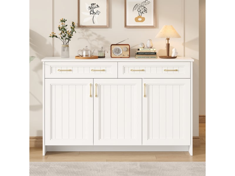  Buffet 140x40x90 cm blanc, 2 tiroirs, 3 portes, étagères réglables, mdf, charge 30 kg  - Conforama B
