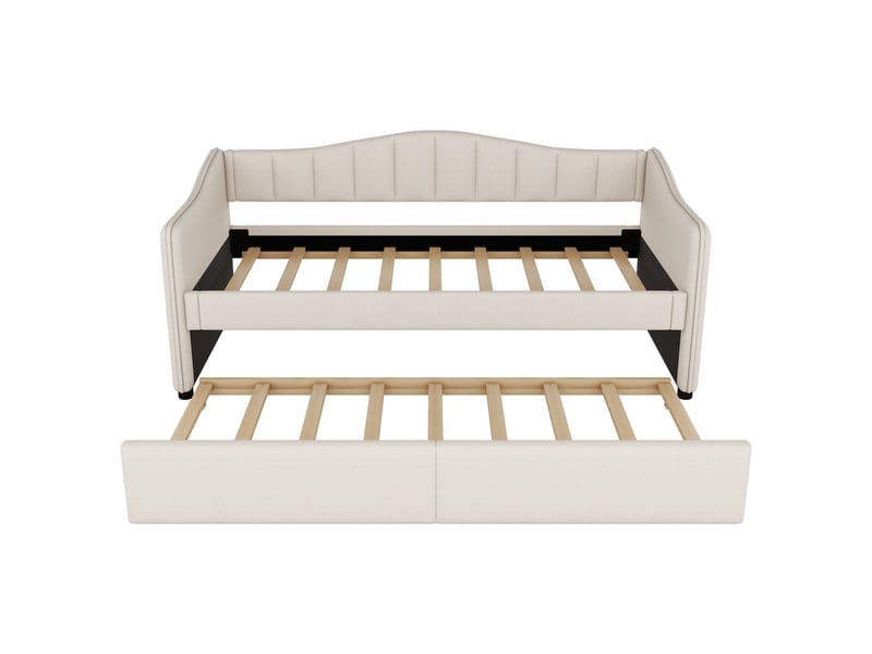 Lit banquette beige 90x200 cm extensible en tissu effet lin avec led d’ambiance - Conforama E