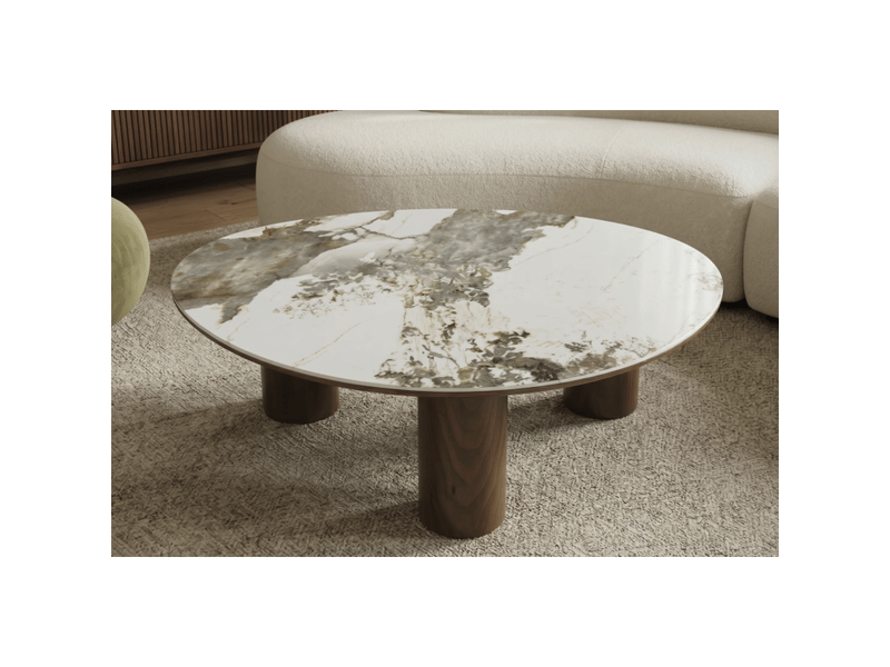  Table basse pterax 110 cm en céramique effet marbre blanc et pieds aspect bois – forme organique  - Conforama D