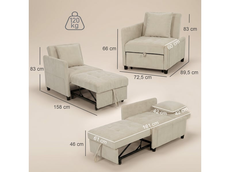  Fauteuil convertible 1 place en chenille beige 89,5x72,5x83 cm  - Conforama C