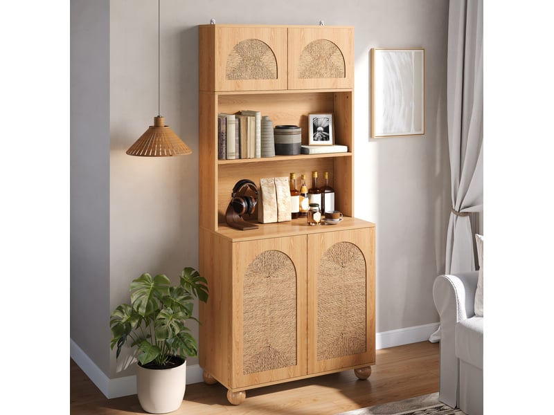  Buffet haut avec 4 portes, niches ouvertes et étagère réglable pour salon, finition naturelle, 80 × 40 × 180 cm  - Conforama E
