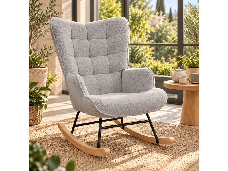  Chaise à bascule, fauteuil a bascule avec polaire sherpa, allaitement fauteuil pour salon, chambre, balcon, gris clair  - Conforama R