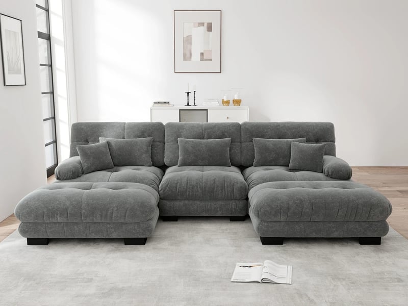  Canapé d'angle modulaire de luxe,3 places,convertible avec assise profonde et pouf, velours ,313x 145x 81 cm, gris  - Conforama B